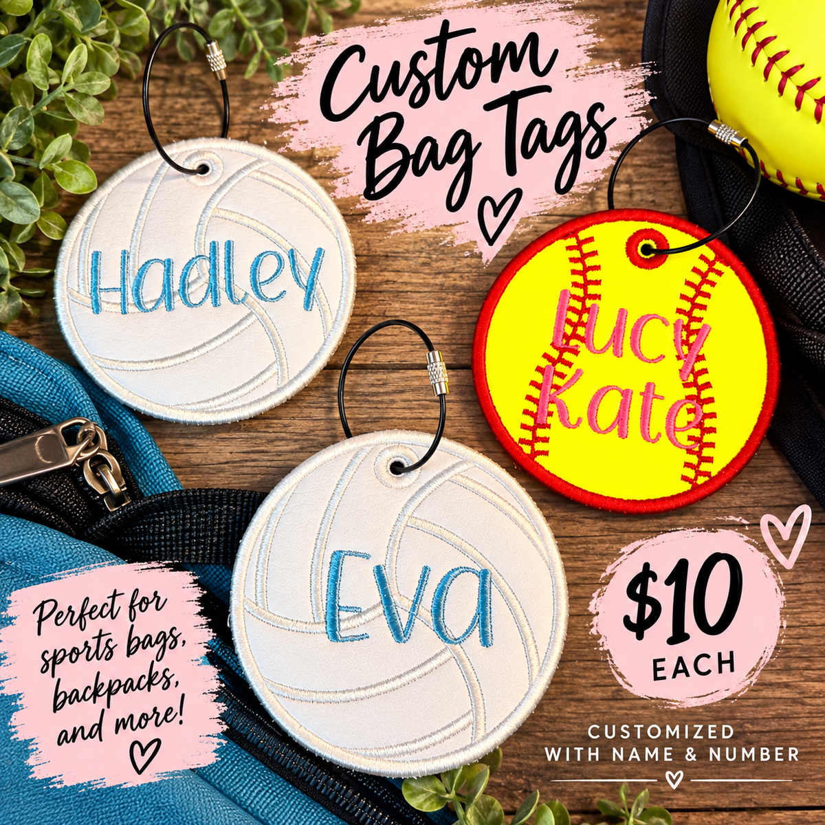 Personalized Sports Bag Tag – Custom Name & Number – 4” Embroidered Tag